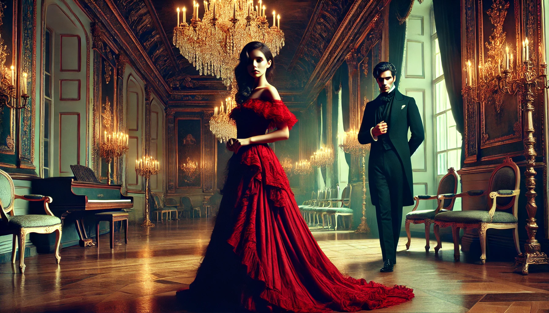 A highly realistic scene of a grand, opulent ballroom featuring a confident woman in a flowing red gown, illuminated by golden chandeliers, with a mysterious man observing her from the shadows.