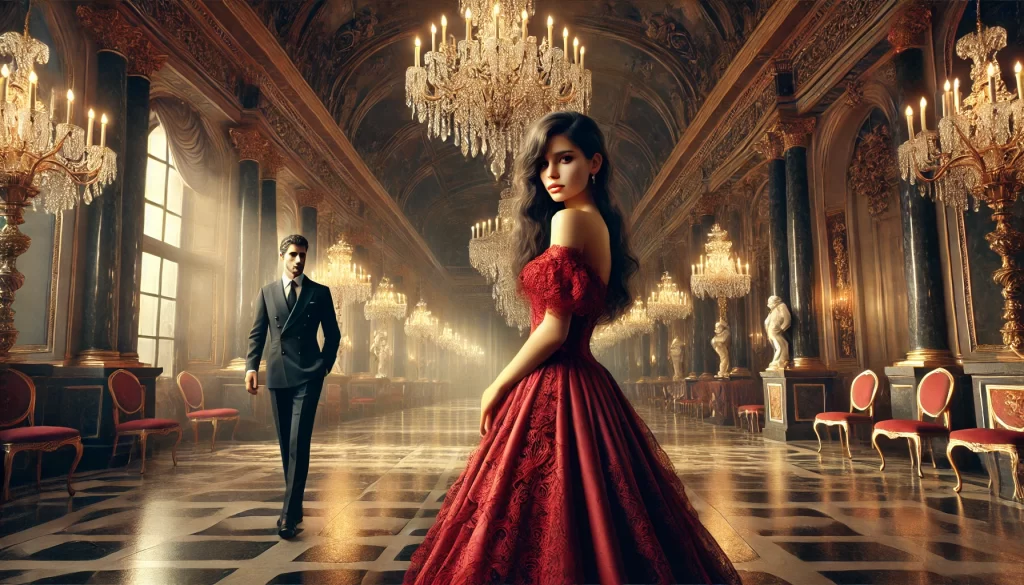 A luxurious ballroom with intricate historical decor, showcasing a poised woman in a red dress standing under glowing chandeliers, while a man watches her from a distance.