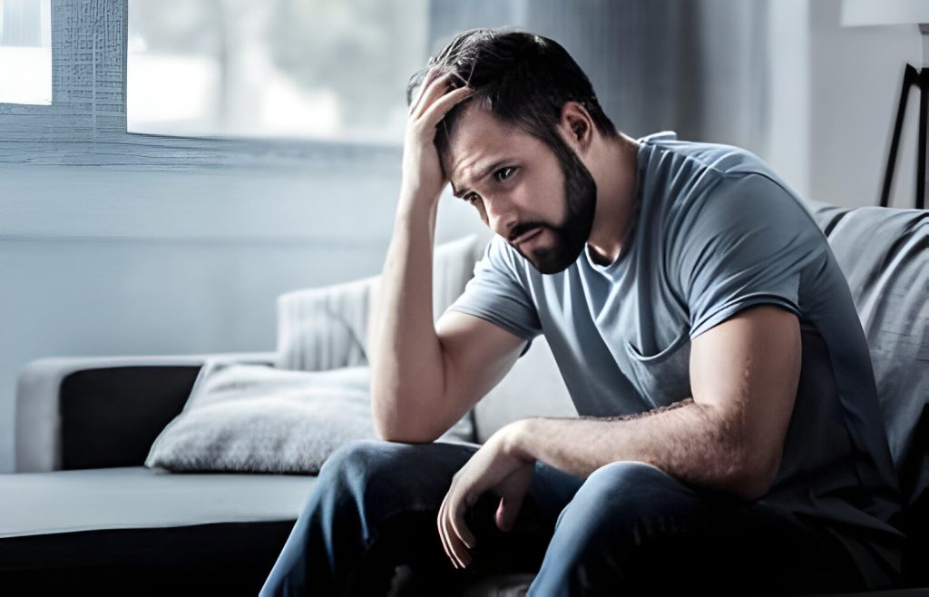 Unpleasant pain. Sad unhappy handsome man sitting on the sofa and holding his forehead while having headache
