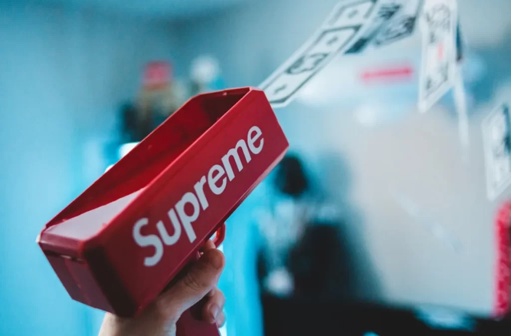 Supreme-branded cash dispenser signifying brand authority.