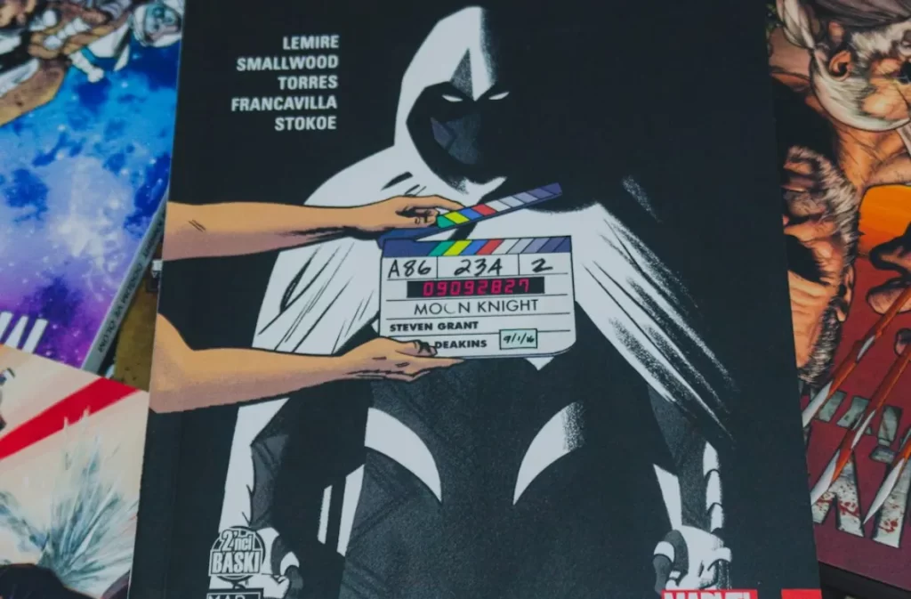 Moon Knight comic book cover featuring movie clapperboard.