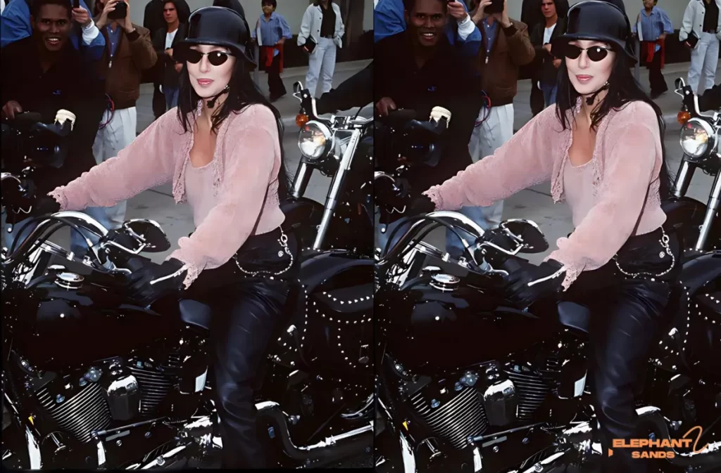 A woman in pink top riding a black Harley-Davidson.