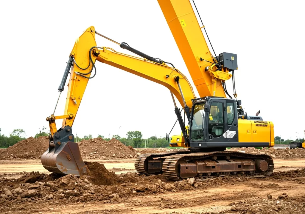 Excavator showcasing hydraulic-powered digging operations.