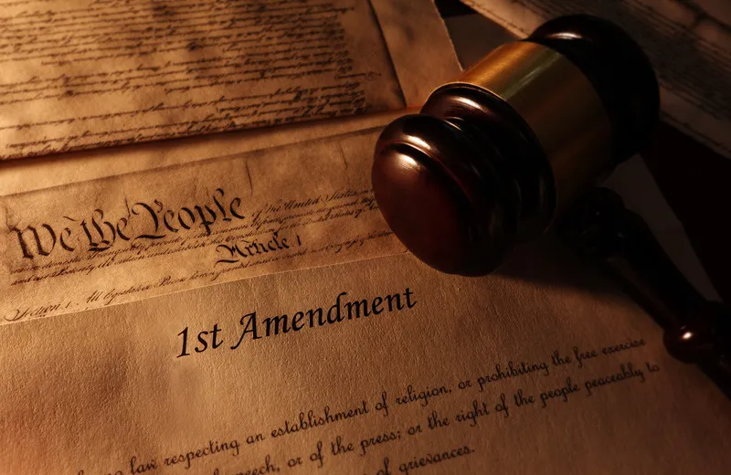 Close-up of a gavel and the 1st Amendment document.