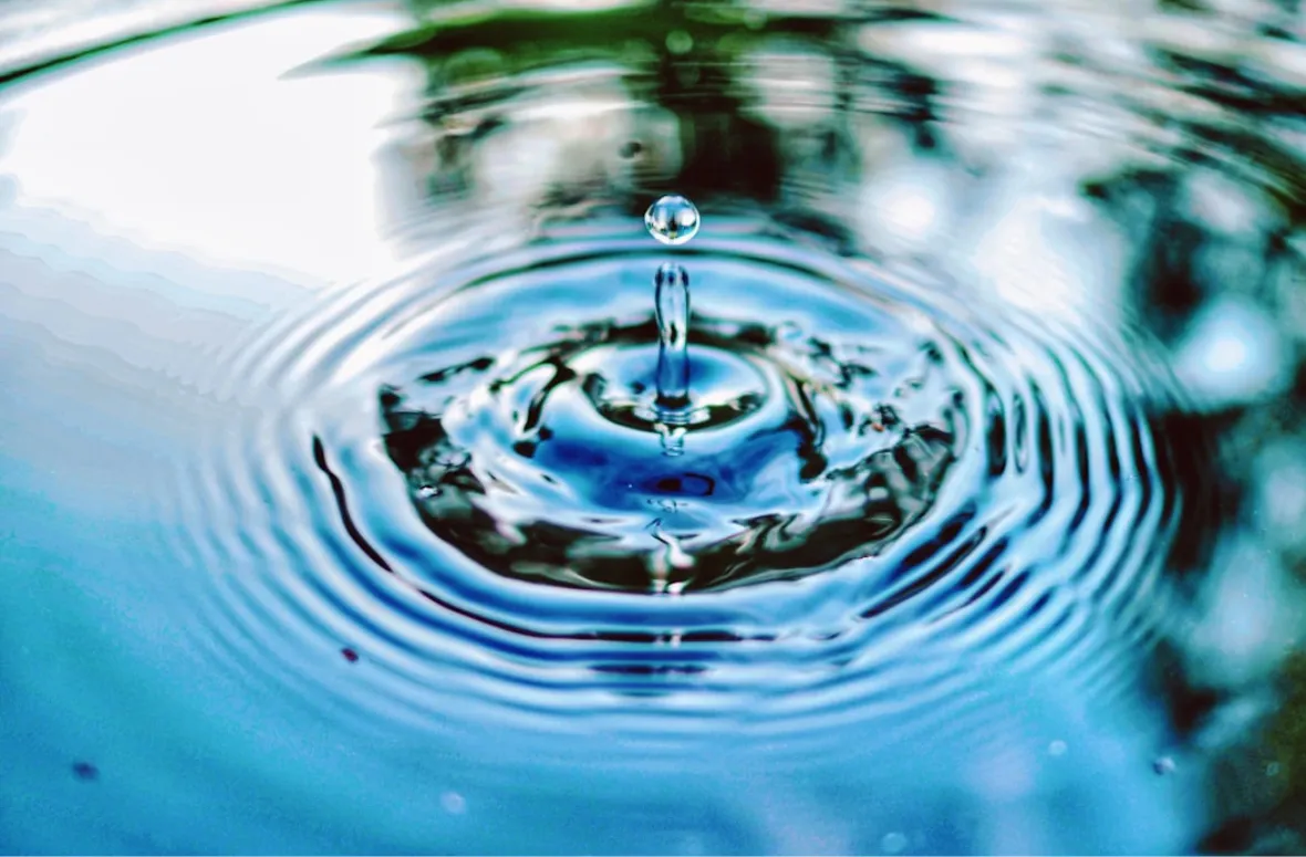 A water droplet creating ripples in a calm pool