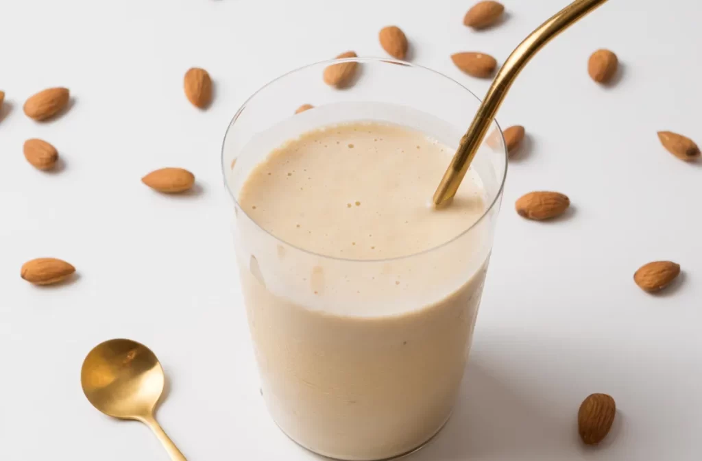 Almond milkshake with nutritional focus, drink nutrition facts.