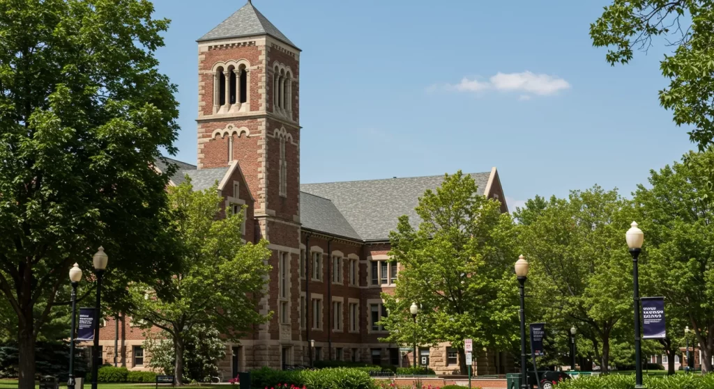 Red-brick building of Henry Keele University amid green trees.