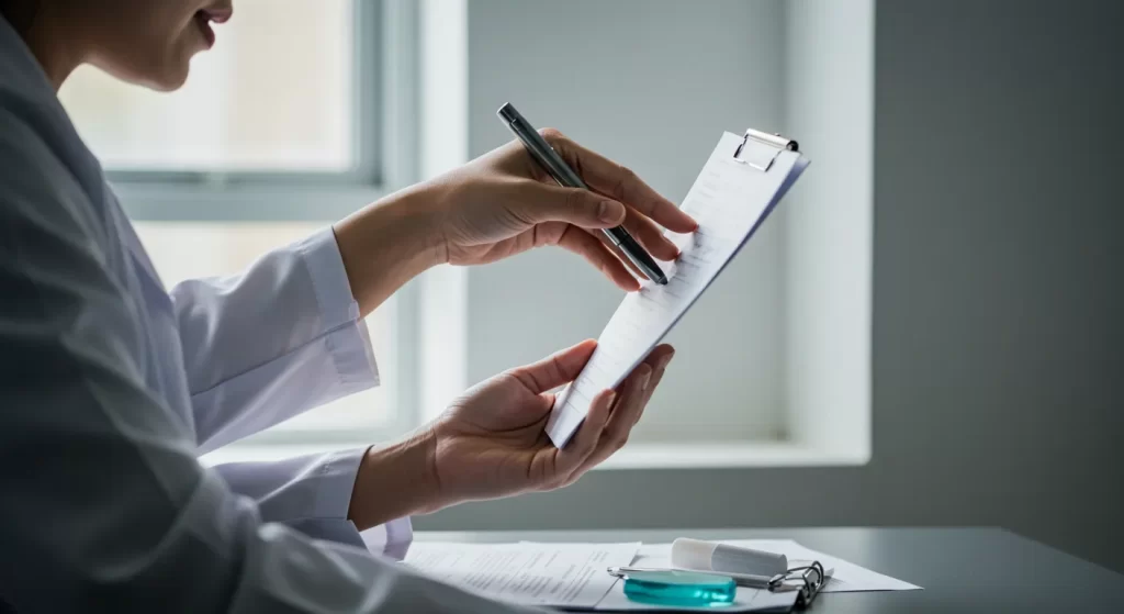 Doctor reviewing patient forms, enriching health insurance services.