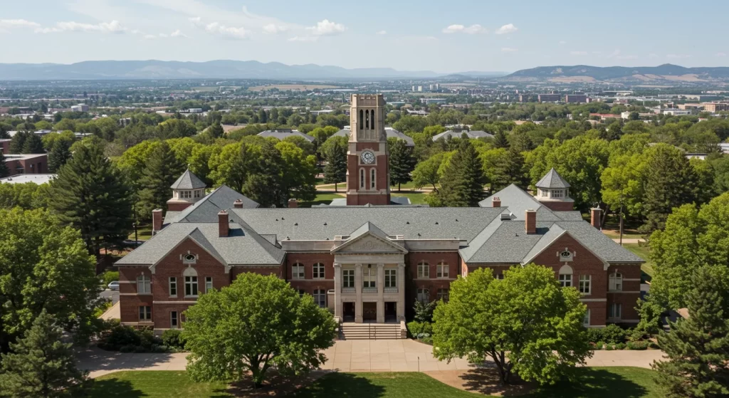 Aerial view of Henry Keele University surrounded by nature.