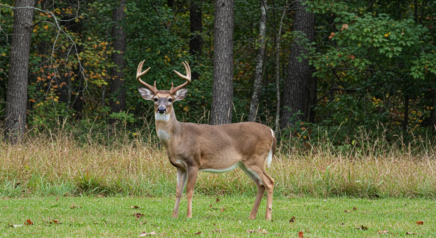 A deer with antlers in a forested area of Georgia