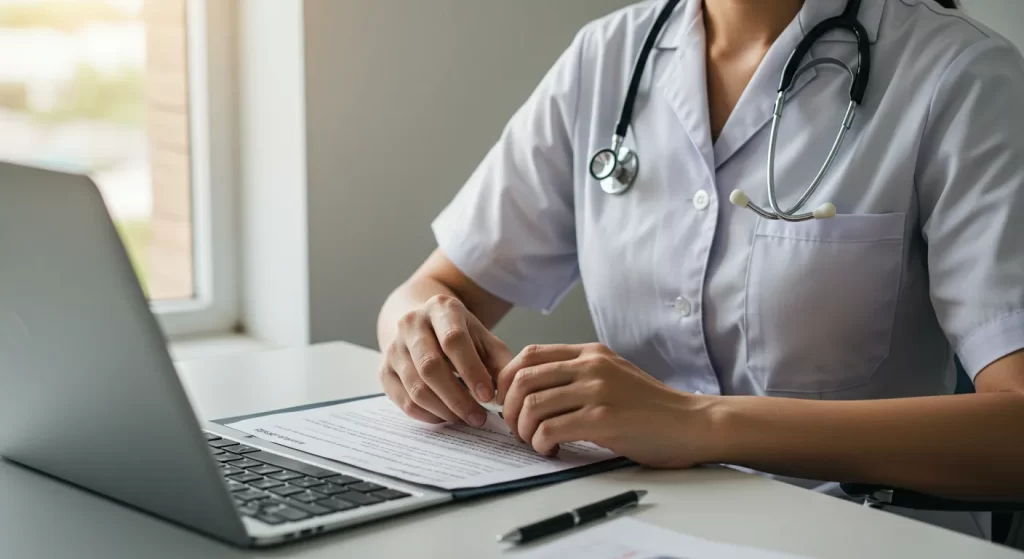 Hands on medical documents near a laptop, enriching health insurance.