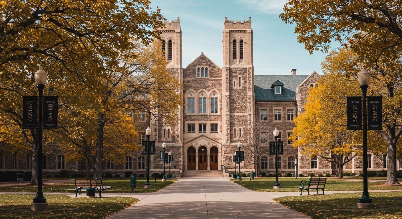 Grand facade of Henry Keele University with fall foliage.