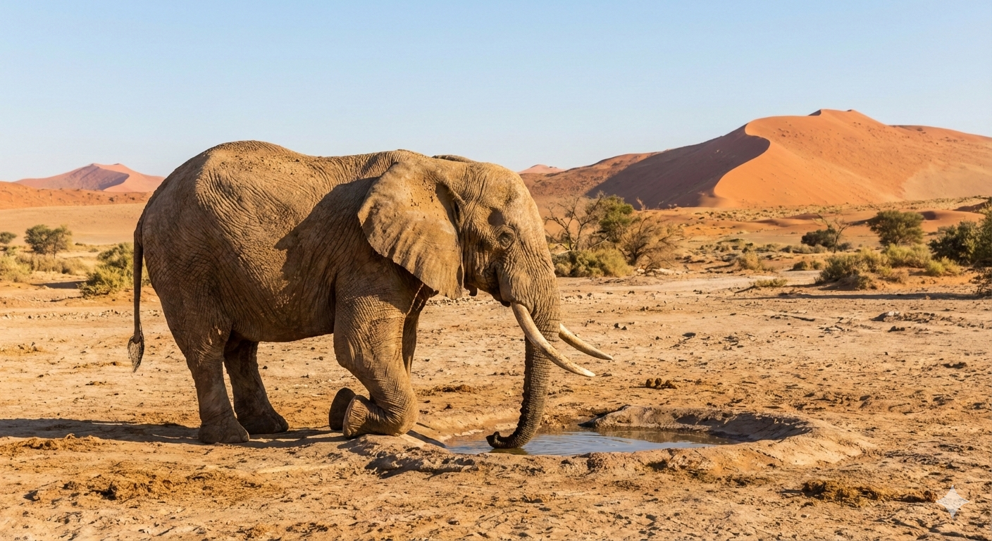 Desert-adapted elephant digging a well in Namibian sand