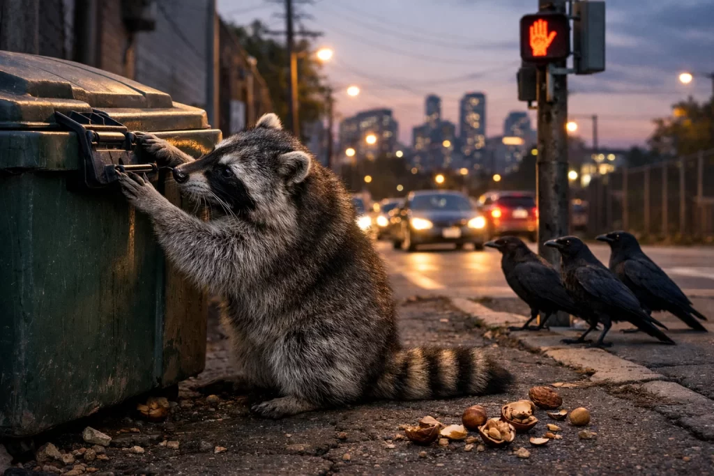 Animal Intelligence and Problem Solving in Wildlife: How Animals Think and Adapt 5 Raccoon opening garbage bin and crows using traffic to crack nuts showing urban wildlife problem solving.