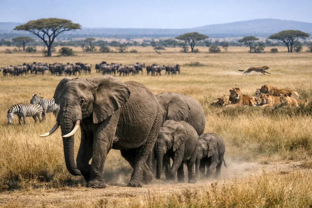 African savanna animals including elephants, zebras, wildebeest, lions, and cheetahs in grassland habitat.
