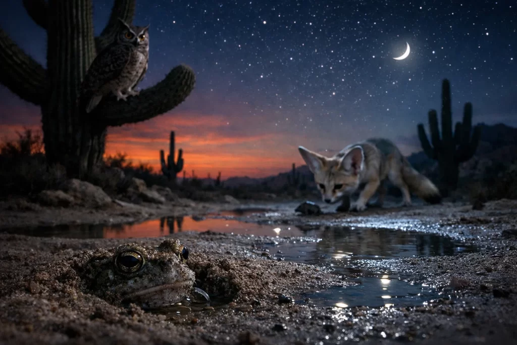Desert Animal Adaptations and Survival: How Wildlife Thrives in Extreme Heat 4 Nocturnal desert animals including fox, owl, and spadefoot toad demonstrating behavioral desert animal adaptations and survival.