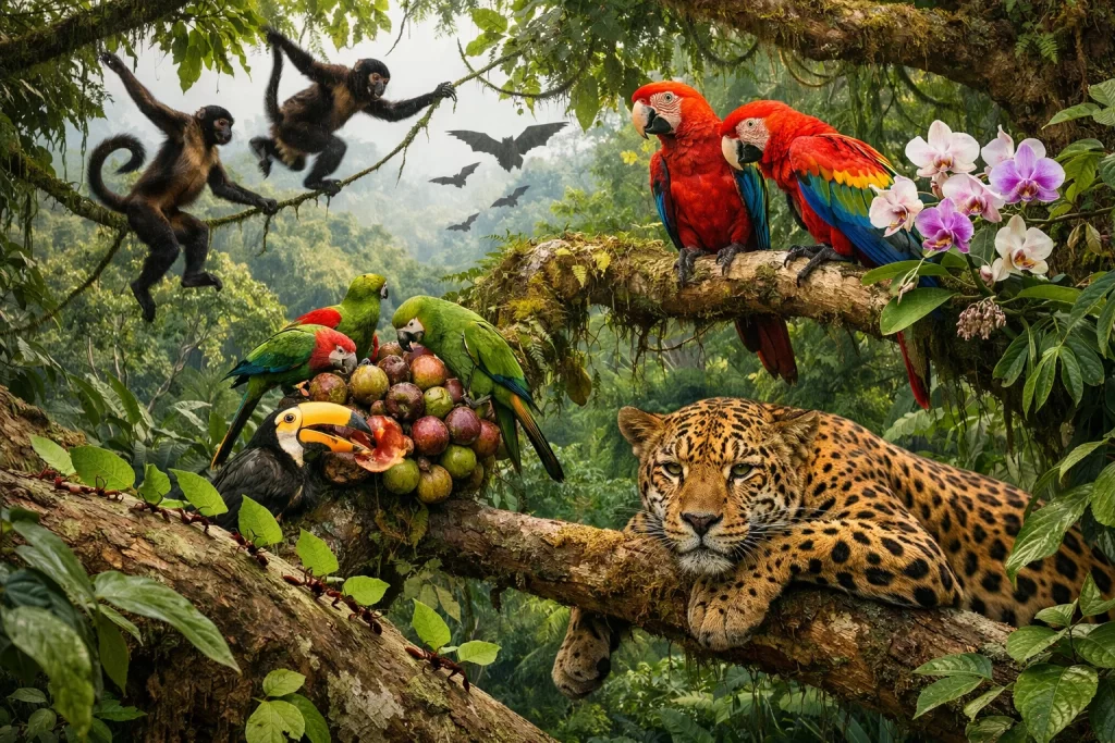 Rainforest Wildlife Habitat Characteristics: Biodiversity in Tropical Forests 3 Dense rainforest canopy with monkeys, birds, insects, and jaguar demonstrating biodiversity and species interactions.