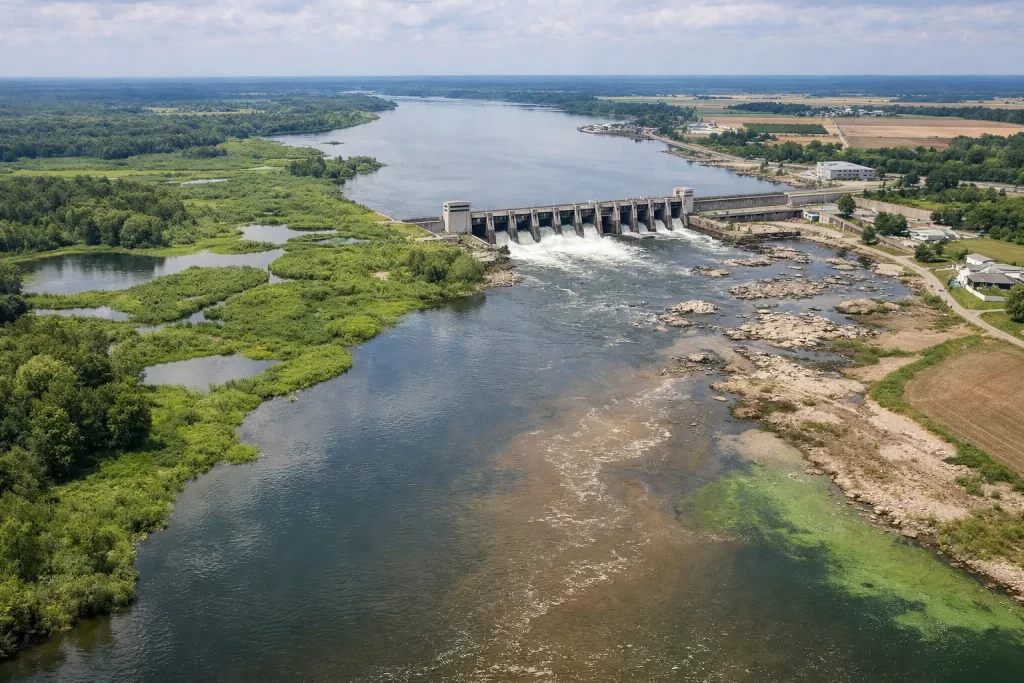 Aerial view of river basin showing dam, agricultural runoff, and wetland contrast illustrating freshwater biodiversity pressures.