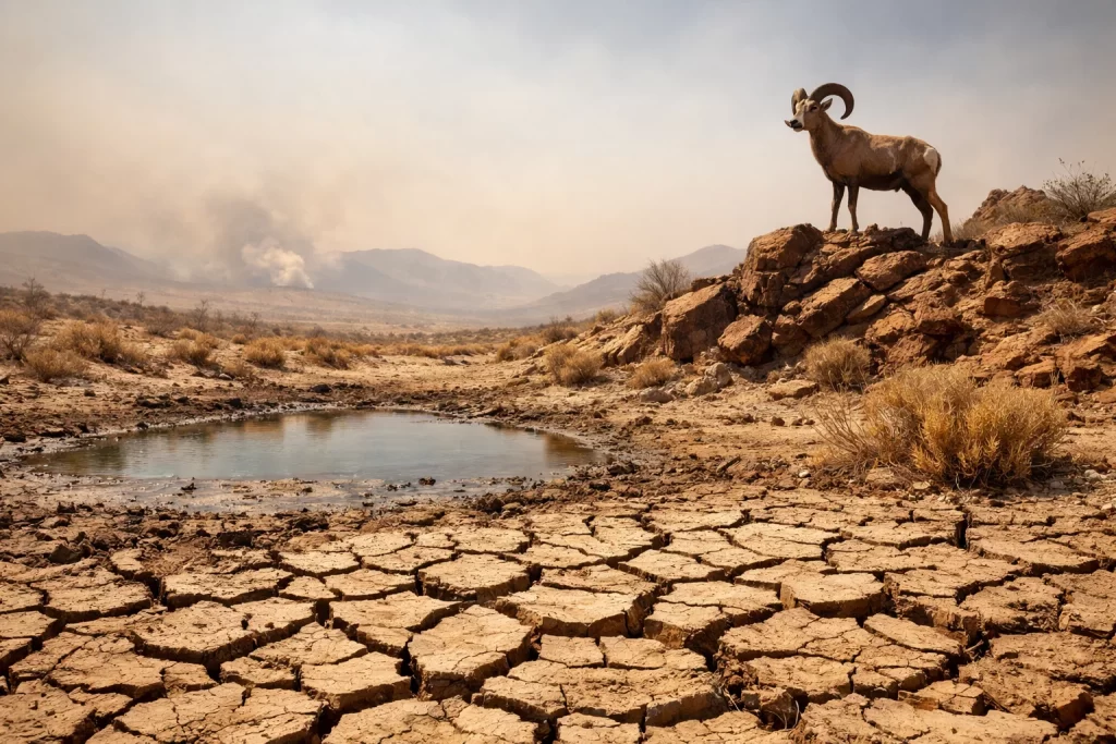 Desert Animal Adaptations and Survival: How Wildlife Thrives in Extreme Heat 6 Desert bighorn sheep in drought conditions highlighting climate change impacts on desert animal adaptations and survival.