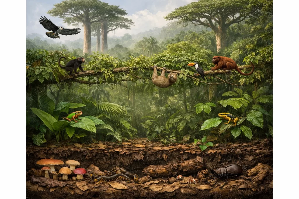 Rainforest Wildlife Habitat Characteristics: Biodiversity in Tropical Forests 2 Vertical layers of tropical rainforest including emergent trees, canopy wildlife, understory plants, and forest floor decomposition.