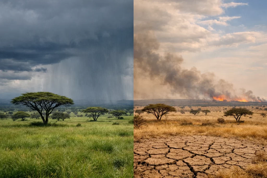 Wet and dry seasons in the African savanna showing rainfall, acacia trees, dry grass, and natural grassland fire.
