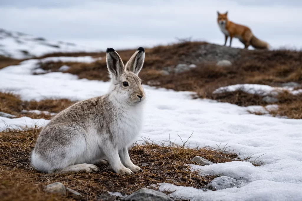 Arctic hare with seasonal camouflage mismatch observed by fox in changing environment.