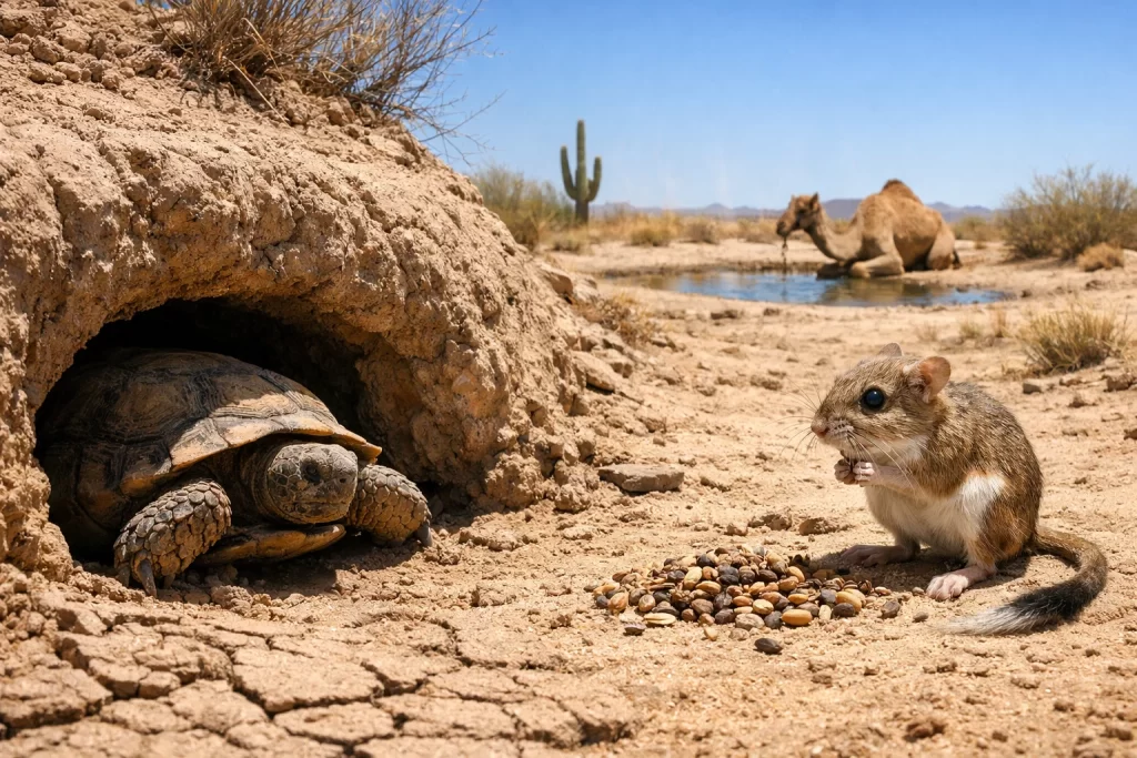 Desert Animal Adaptations and Survival: How Wildlife Thrives in Extreme Heat 2 Desert tortoise, kangaroo rat, and camel illustrating water conservation and heat regulation strategies in desert ecosystems.
