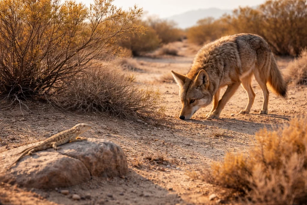 Desert Animal Adaptations and Survival: How Wildlife Thrives in Extreme Heat 5 Coyote and desert lizard in sparse landscape showing efficient feeding and metabolism in desert animal adaptations and survival.