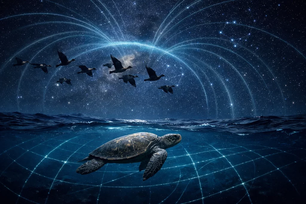 Migratory birds and sea turtle demonstrating animal migration patterns and navigation using stars and magnetic fields.