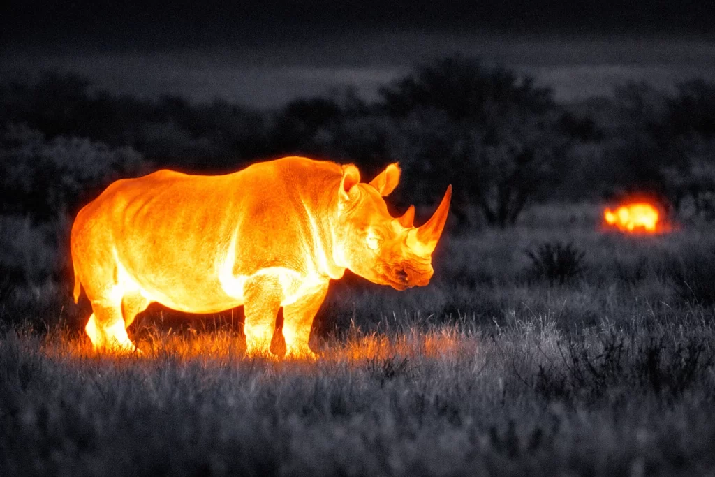 How Thermal Technology Is Saving the African Rhino 3 How Thermal Cameras Work in Rhino Conservation
Thermal cameras detect infrared radiation. Every living body emits heat energy.
Infrared Imaging Explained
Unlike standard cameras, thermal devices do not rely on visible light. They translate heat differences into images. A warm-bodied African Rhino stands out clearly against cooler grasslands during night patrols.
Generate a realistic image for this title. No of words added in the image.