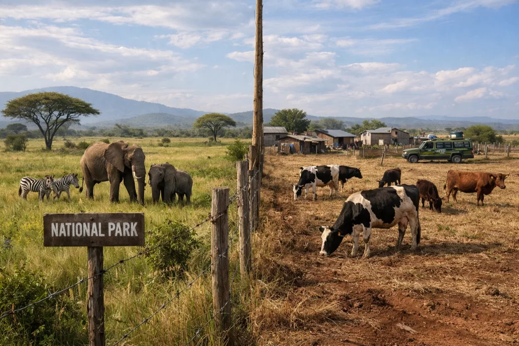 African savanna conservation showing wildlife corridor, farmland, cattle grazing, and anti-poaching patrol.