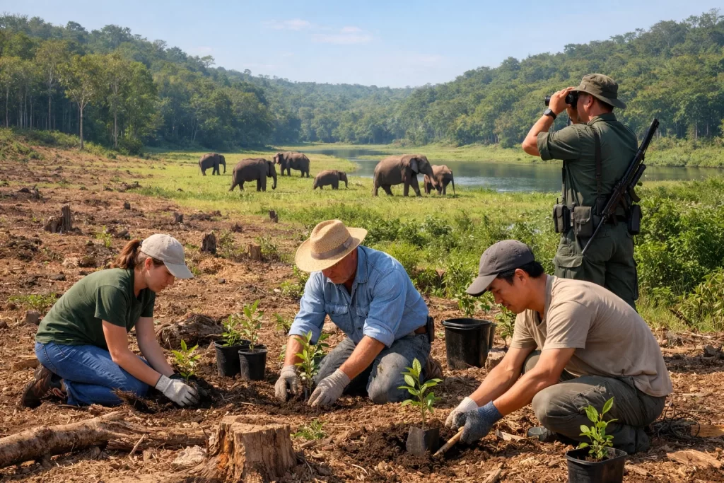 Conservation workers planting trees in protected wildlife habitat with elephants in the distance.
