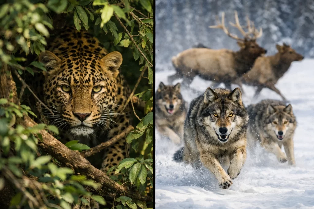 Leopard ambush and wolf pack pursuit demonstrating predator hunting strategies.
