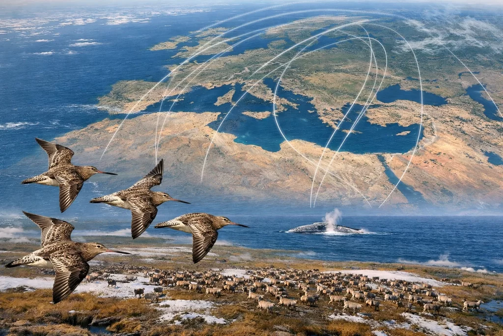 Global flyways and continental migration routes of birds, caribou, and whales.