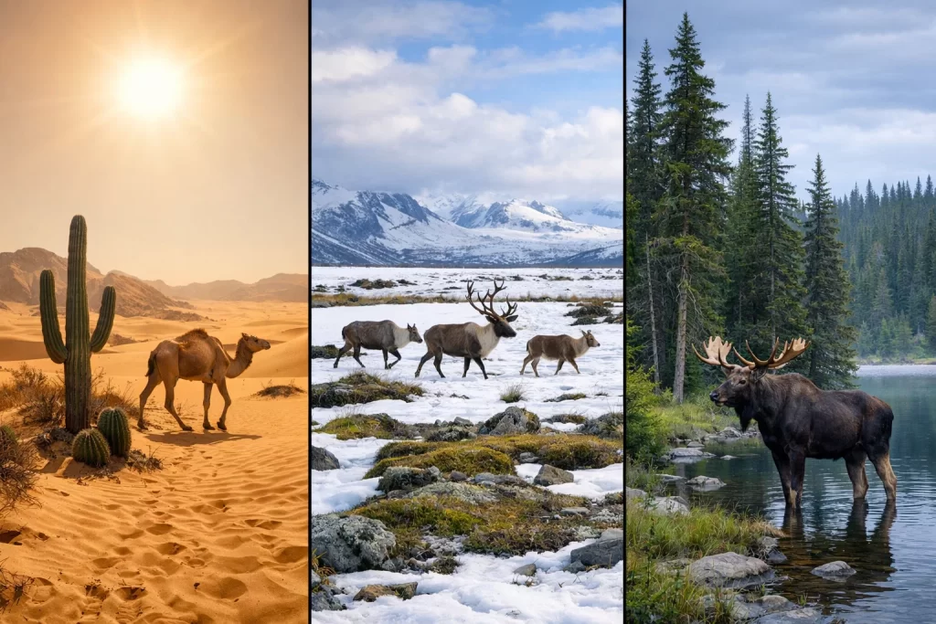 Desert, tundra, and boreal forest ecosystems showing camels, caribou, and conifer trees.