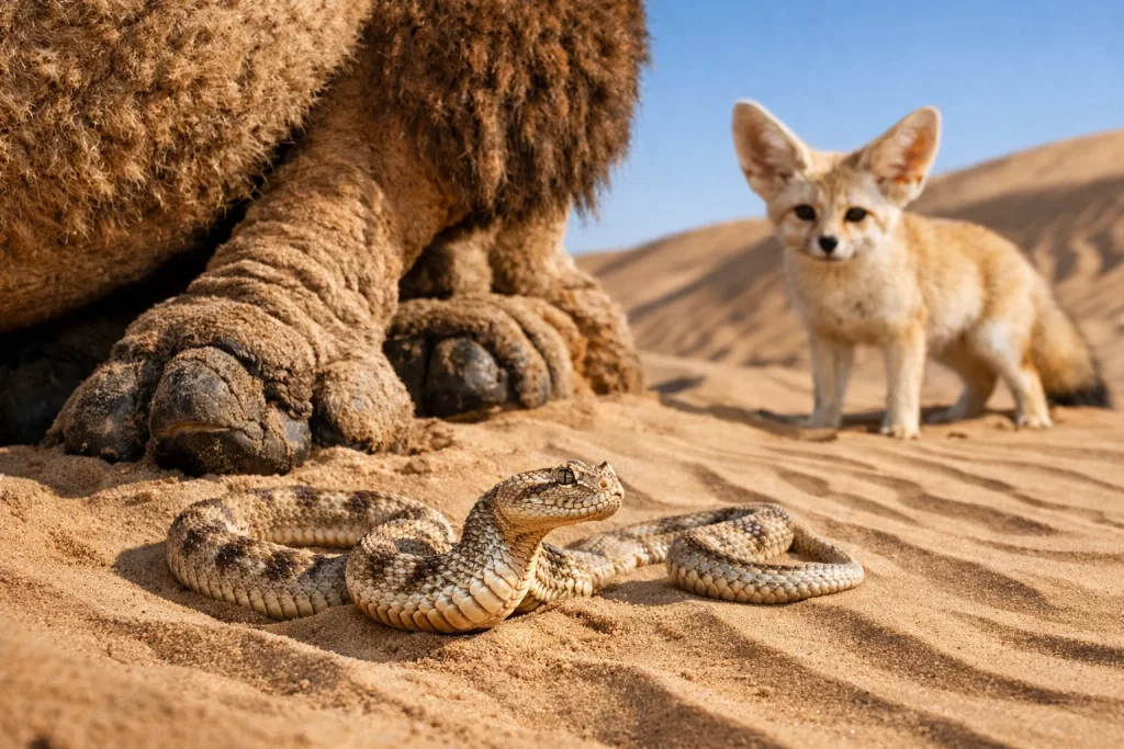 Desert Animal Adaptations and Survival: How Wildlife Thrives in Extreme Heat 3 Camel hump, padded feet, sidewinder snake motion, and fennec fox ears showing physical desert animal adaptations and survival traits.