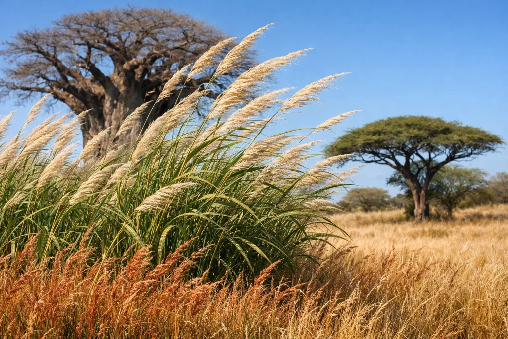 Elephant grass, red oat grass, acacia tree, and baobab tree in the African savanna ecosystem.