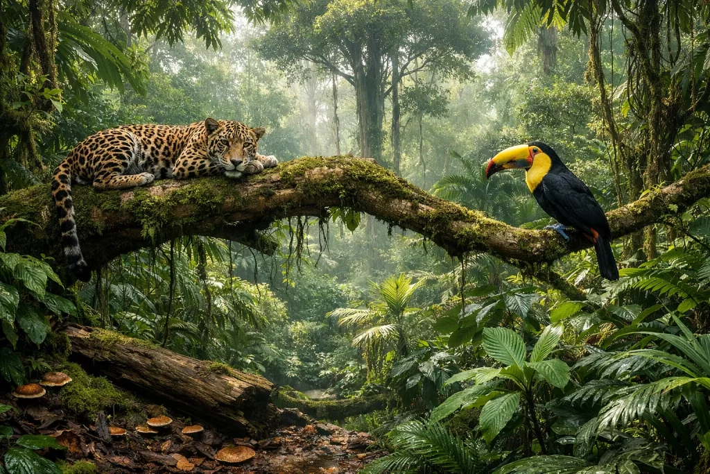 Tropical rainforest with layered canopy, jaguar on tree branch, dense vegetation, and filtered sunlight.