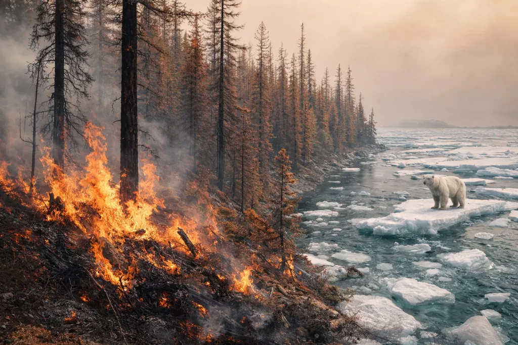 Impact of Climate Change on Wildlife Habitats: Threats and Adaptation 2 Wildfire-damaged forest and melting Arctic sea ice showing rising temperatures and habitat loss.