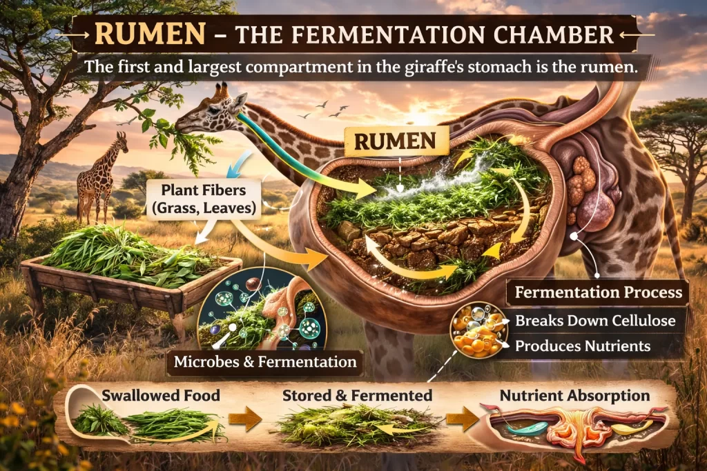 How Giraffes Digest Food: The Complex 4-Compartment Stomach System 2 Rumen – The Fermentation Chamber