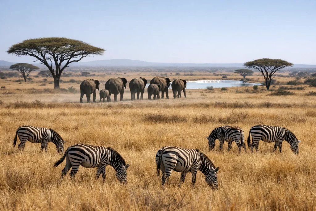 African savannah ecosystem with elephants, zebras, tall grasses, and acacia trees under bright sunlight.