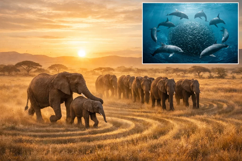 Animal Intelligence and Problem Solving in Wildlife: How Animals Think and Adapt 4 Elephants showing coordinated movement and dolphins hunting cooperatively demonstrating social intelligence in wildlife.