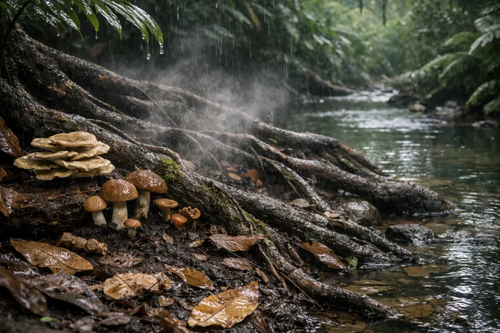 Rainforest Wildlife Habitat Characteristics: Biodiversity in Tropical Forests 4 Rainforest floor with decomposing leaves, shallow roots, rainfall, and visible nutrient cycling in tropical forest ecosystem.