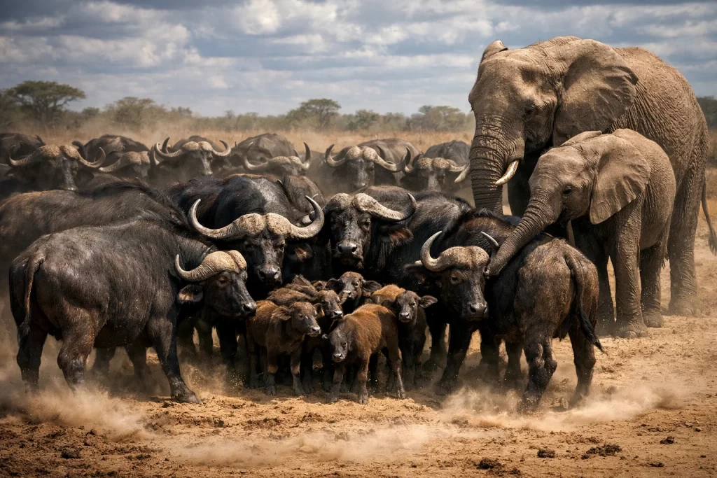 Social Structure of Herd Animals: Leadership, Cooperation, and Survival 4 Buffalo defensive circle protecting calves while elephants display cooperative care in the social structure of herd animals.