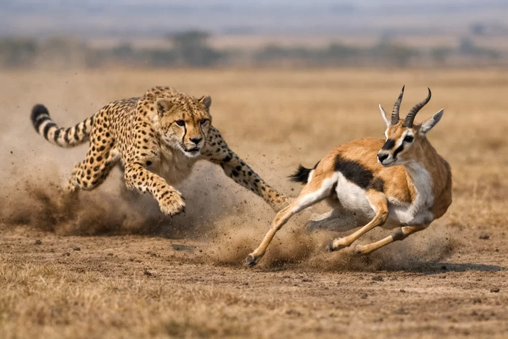 Cheetah chasing gazelle illustrating energy arms race between predator and prey.