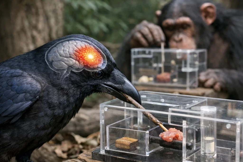 Animal Intelligence and Problem Solving in Wildlife: How Animals Think and Adapt 2 Crow and chimpanzee solving puzzle tasks demonstrating neural density and learning behavior in animal intelligence research.