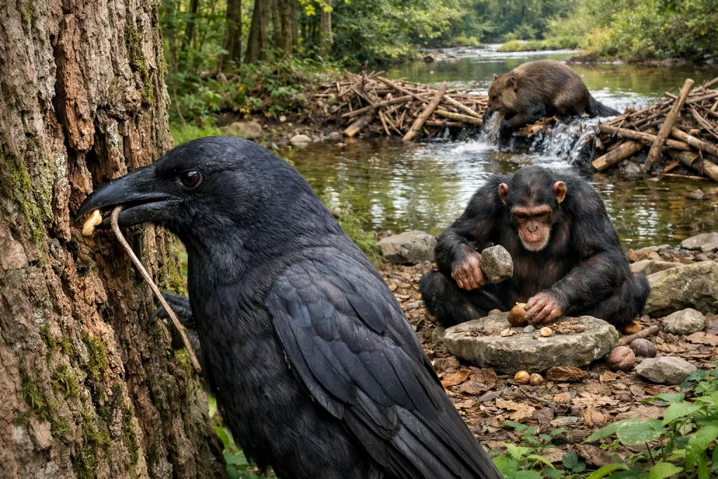 Animal Intelligence and Problem Solving in Wildlife: How Animals Think and Adapt 3 Crow using twig tool, chimpanzee cracking nuts with stone, and beaver building dam illustrating wildlife tool innovation.