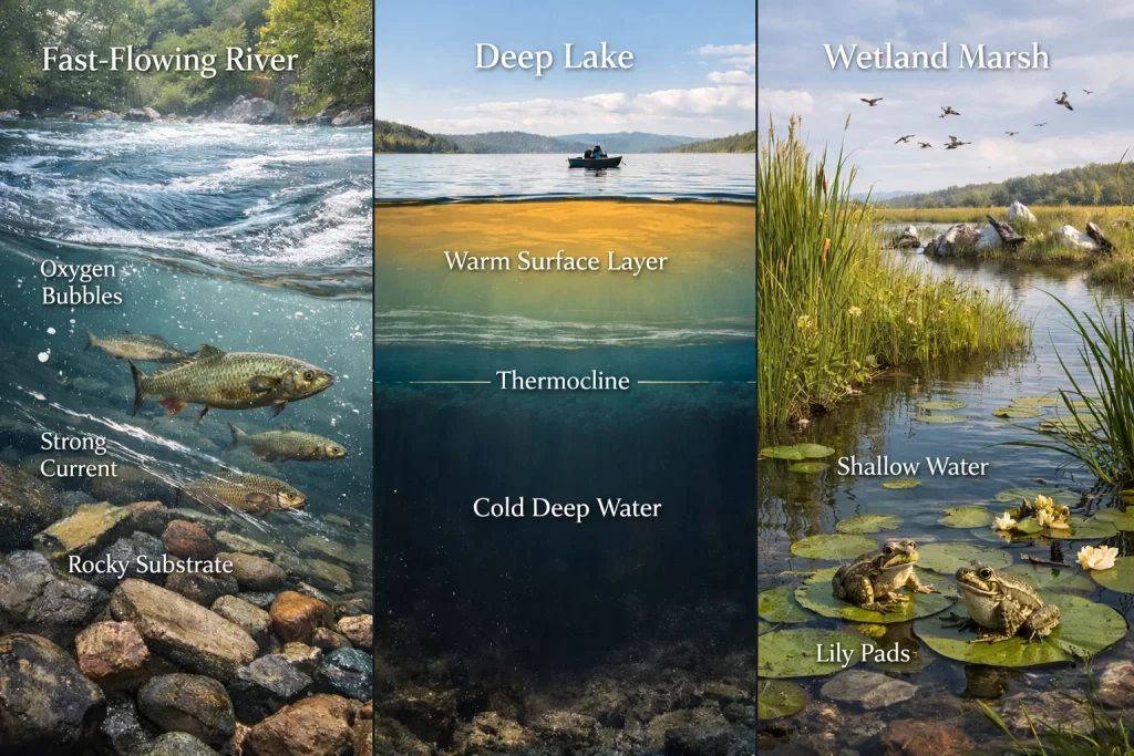 Comparison image of river, lake, and wetland freshwater ecosystems showing flow, depth, and biodiversity differences.