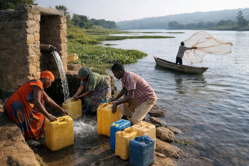Community using freshwater lake for drinking water and fishing, showing human reliance on biodiversity.