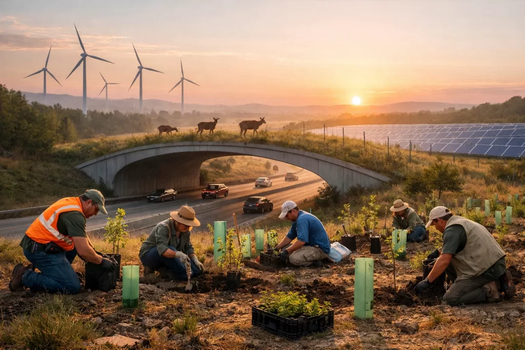 Impact of Climate Change on Wildlife Habitats: Threats and Adaptation 5 Reforestation, wildlife corridor bridge, and renewable energy solutions showing adaptation strategies for wildlife habitats.